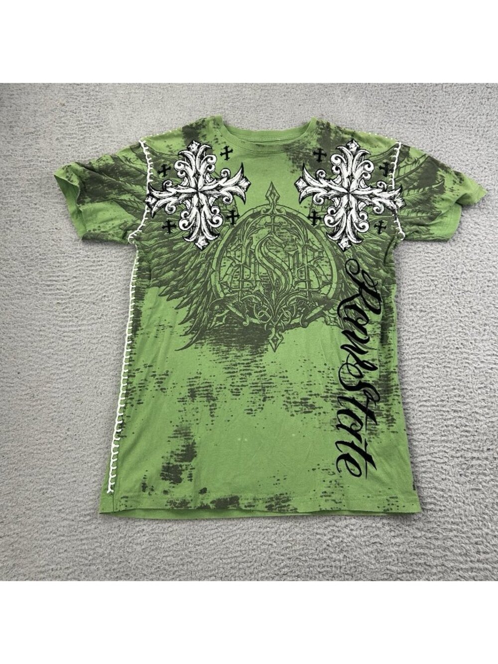 Affliction Short Sleeve Green Mens Grunge Shirt Y2K Size Medium Cross Green